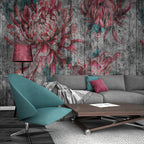 Rustic Wood Floral Wallpaper : Pink Teal Distressed Plank Mural