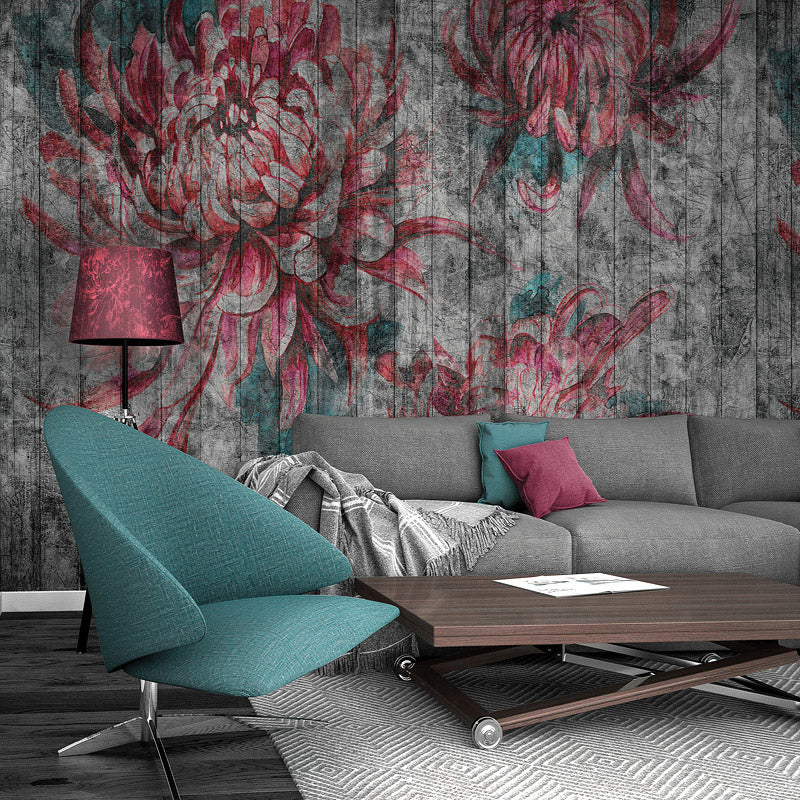 Rustic Wood Floral Wallpaper : Pink Teal Distressed Plank Mural