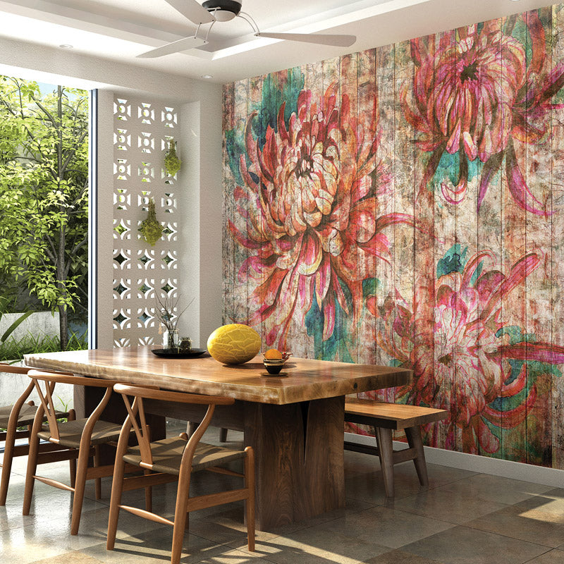 Rustic Wood Floral Wallpaper : Pink Teal Distressed Plank Mural - View 5