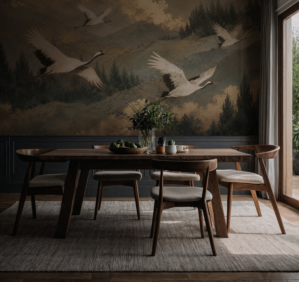 Flying Cranes Wallpaper : Vintage Mountain Landscape Mural - View 4