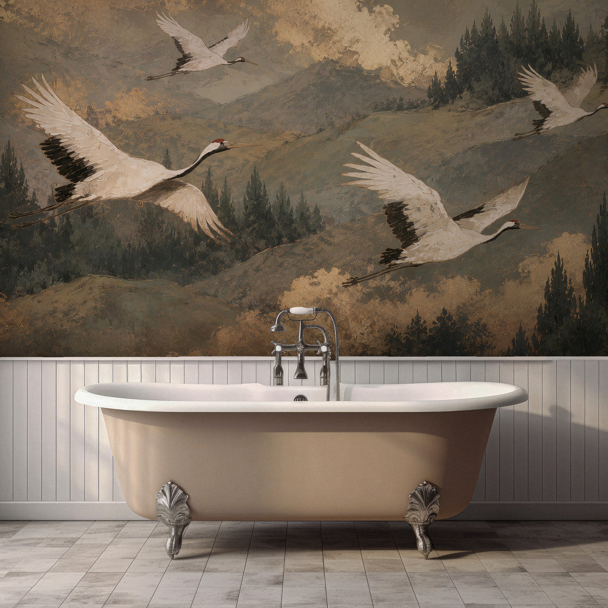 Flying Cranes Wallpaper : Vintage Mountain Landscape Mural - View 3