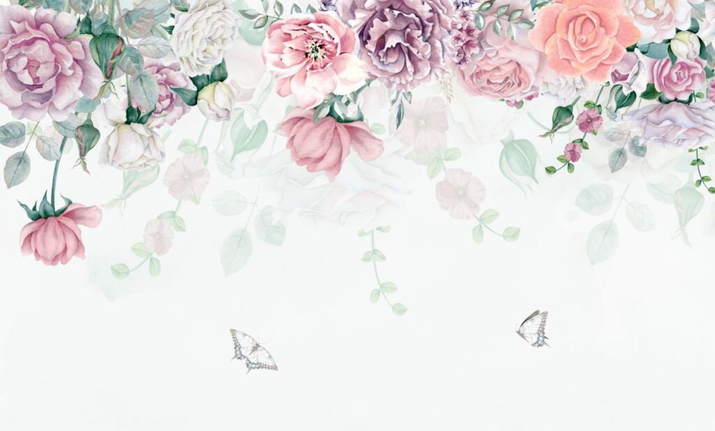 Hanging Pink Roses Wallpaper : Soft Watercolor Floral Border Mural - flat design