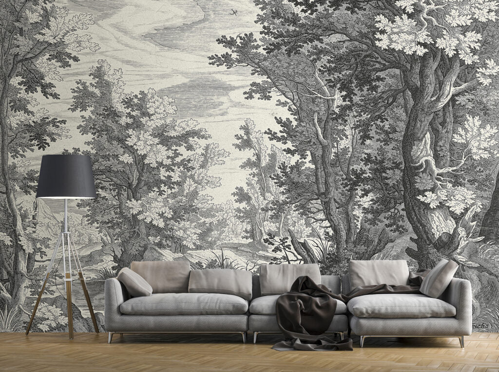 Engraved Forest Wallpaper : Black and White Woodland Mural