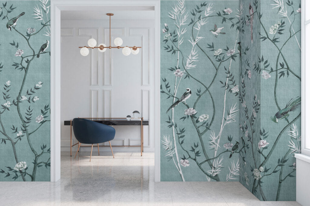 Teal Country Floral Wallpaper : Chinoiserie Bird Linen Mural