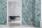 Teal Country Floral Wallpaper : Chinoiserie Bird Linen Mural