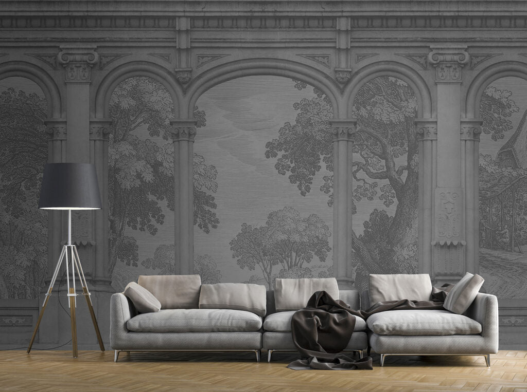 Charcoal Arches Wallpaper : Classical Colonnade Garden View Mural