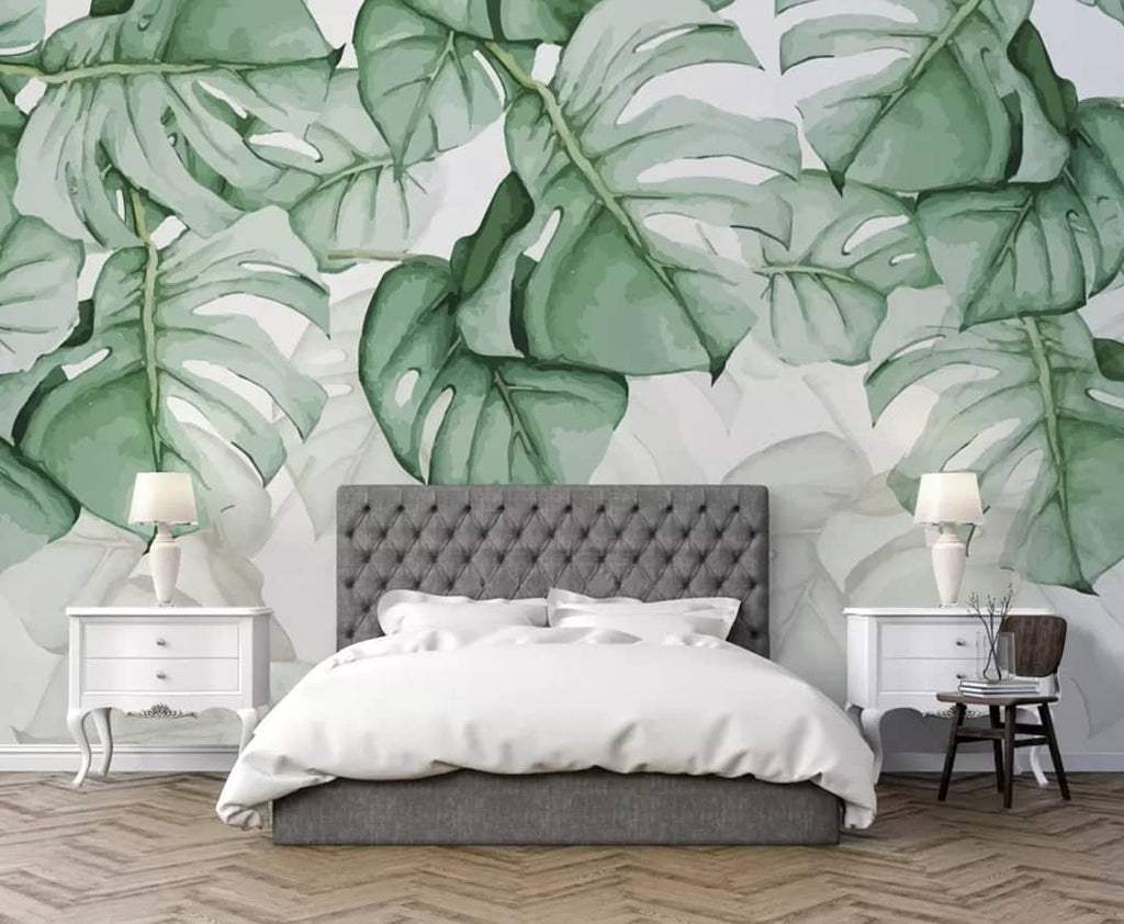 Monstera Wallpaper : Hanging Green Watercolor Leaves Mural - View 3