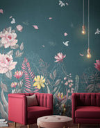Teal Floral Butterfly Wallpaper : Pink Lotus Garden Mural