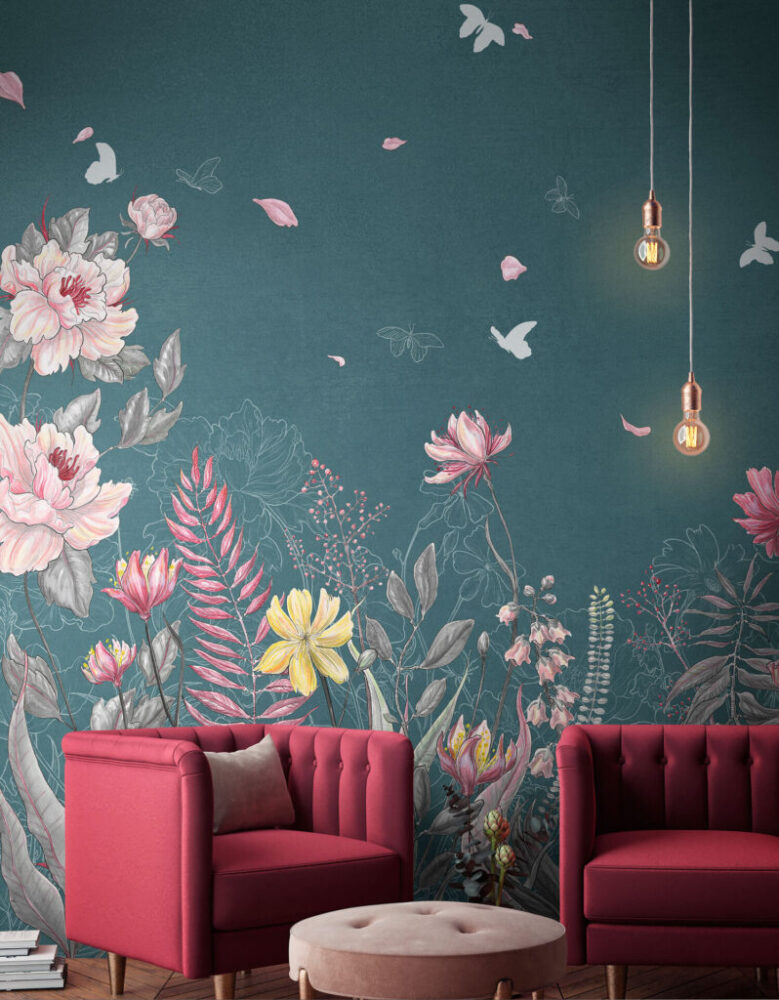 Teal Floral Butterfly Wallpaper : Pink Lotus Garden Mural