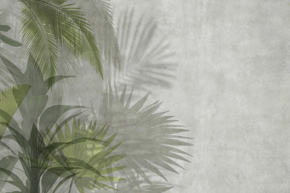 Palm Shadow Wallpaper : Faded Grey Leaf Mural - View 2