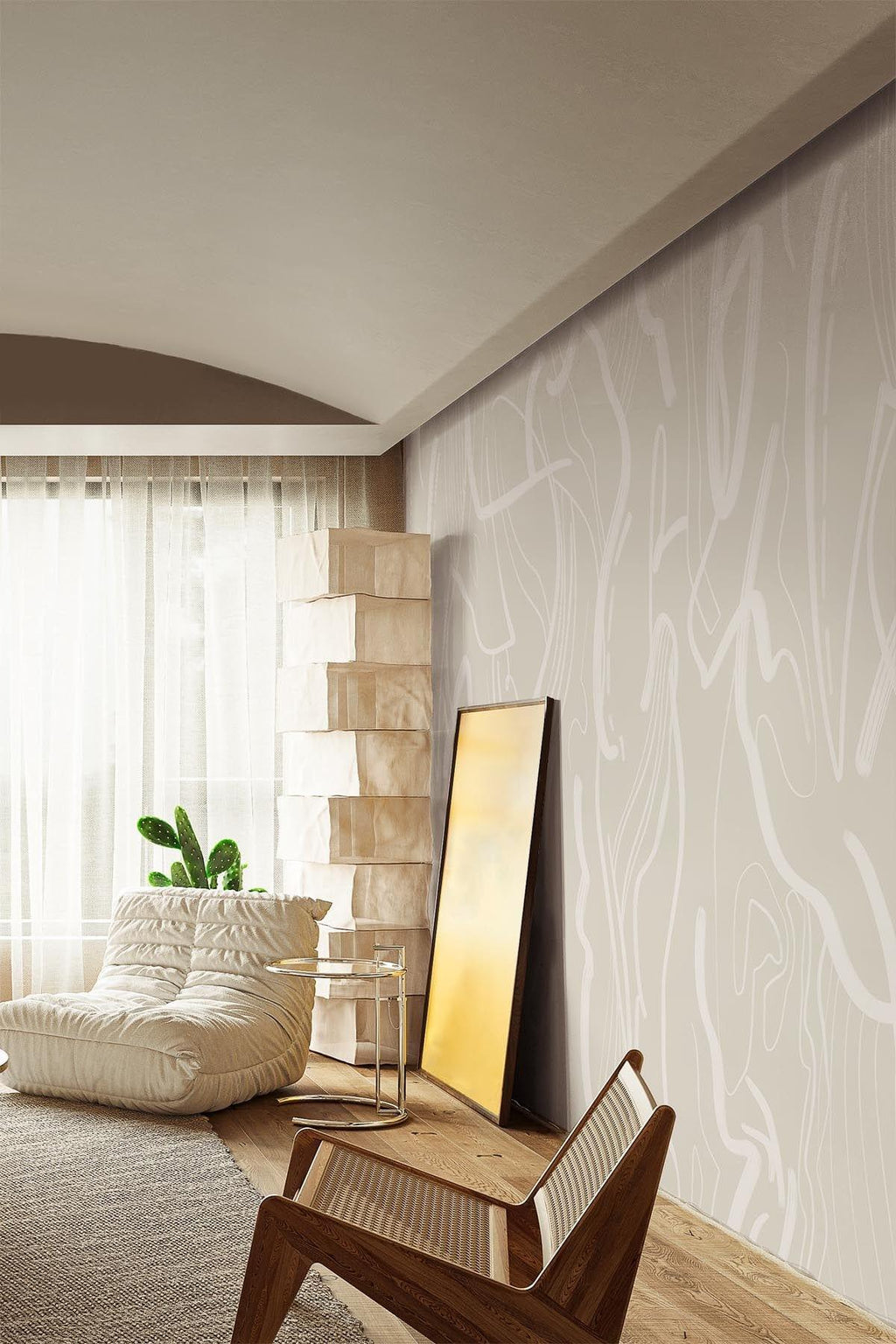 White Abstract Lines Wallpaper : Beige Brush Stroke Pattern - View 5