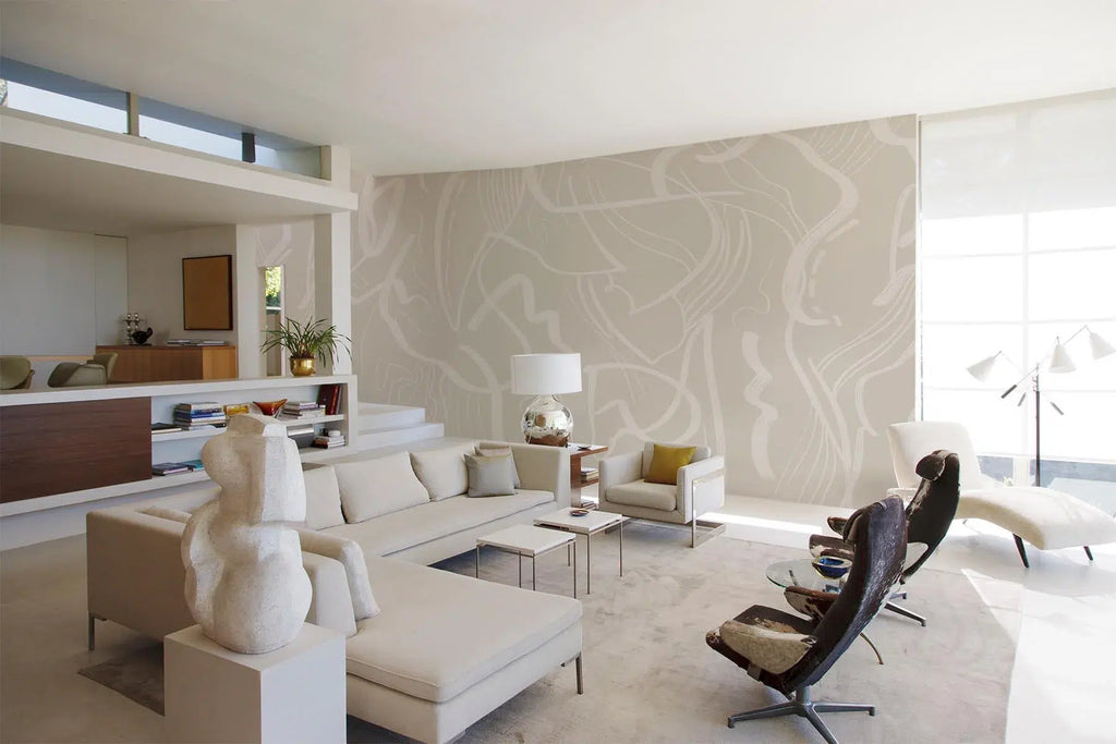White Abstract Lines Wallpaper : Beige Brush Stroke Pattern - View 2