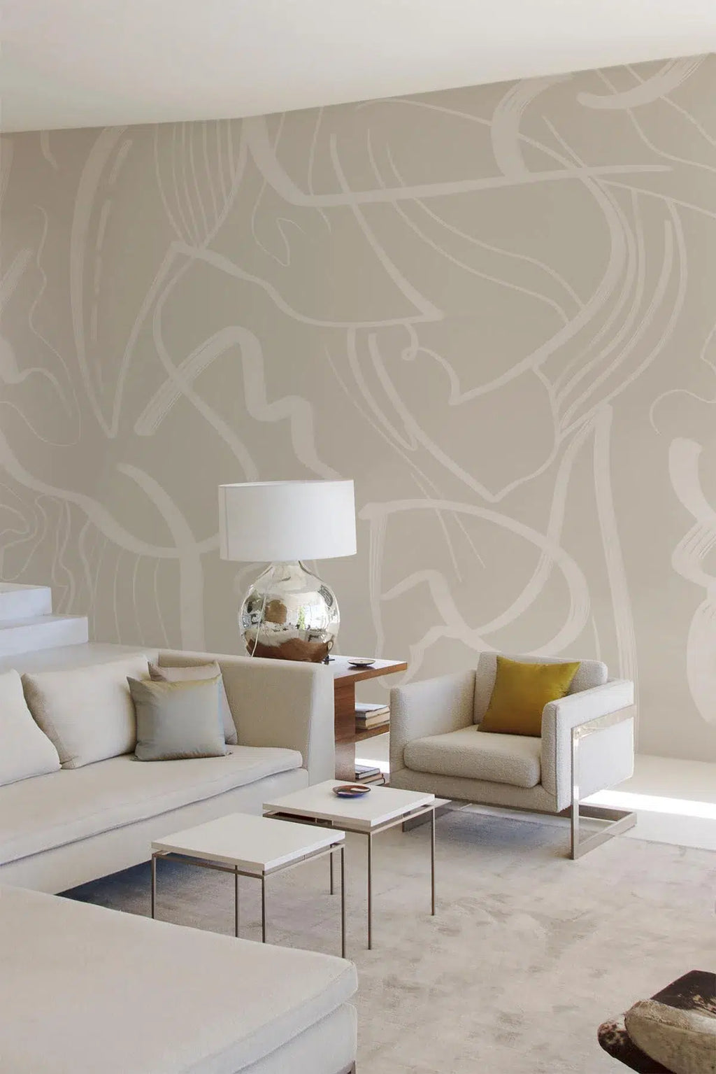 White Abstract Lines Wallpaper : Beige Brush Stroke Pattern