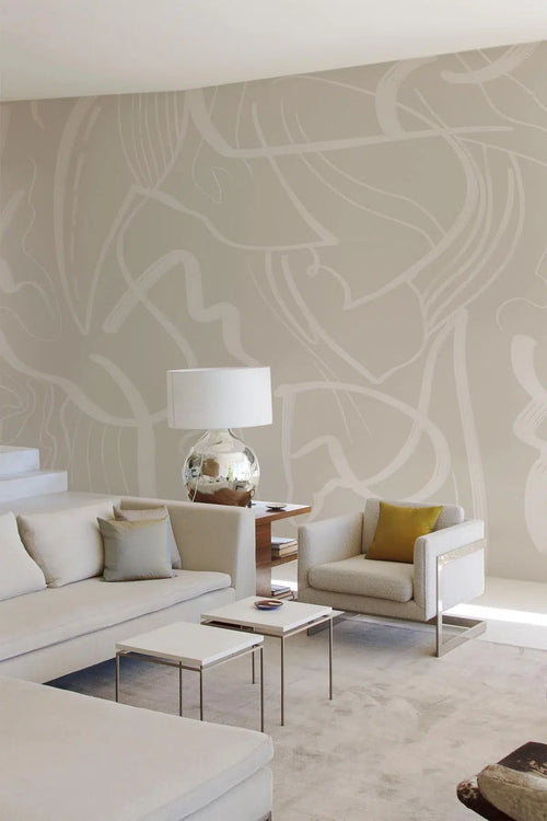 White Abstract Lines Wallpaper : Beige Brush Stroke Pattern