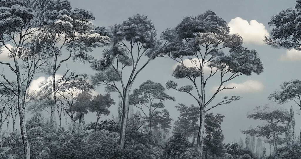 Grey Sketched Forest Wallpaper : Line Art Acacia Trees Mural - View 2