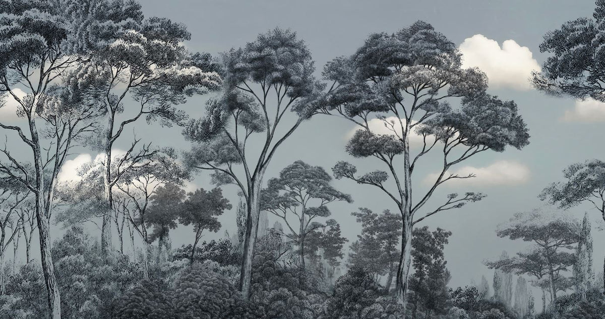 Grey Sketched Forest Wallpaper : Line Art Acacia Trees Mural - View 2