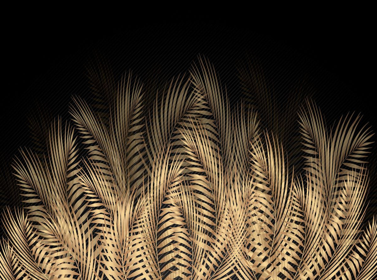 Gold Palm Leaf Wallpaper : Black Tropical Fronds Mural - View 2
