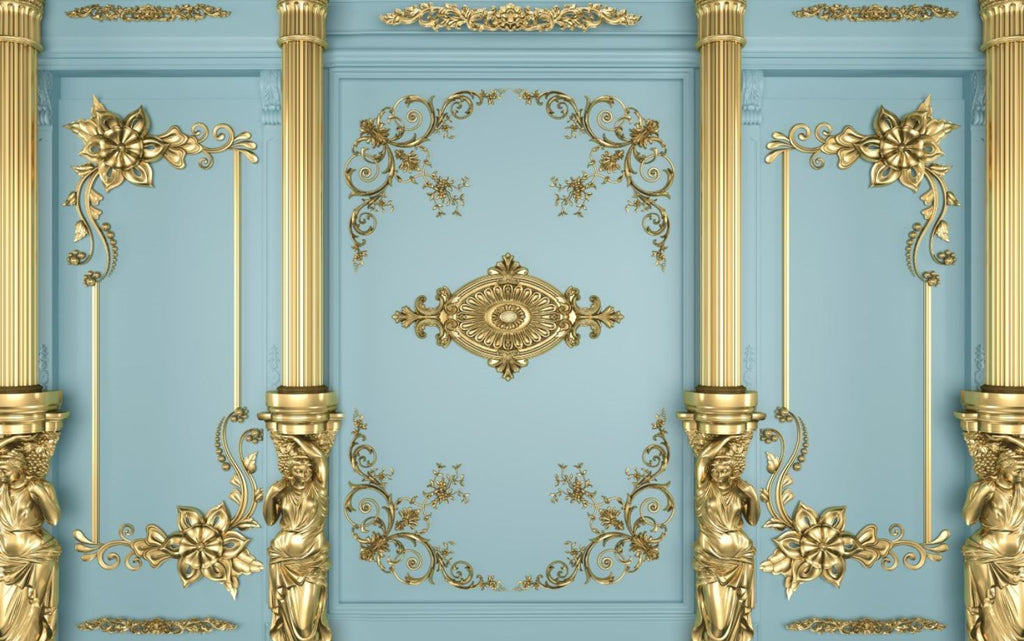 Gold Ornament Panel Wallpaper : Baroque Molding Pale Blue Mural - View 2
