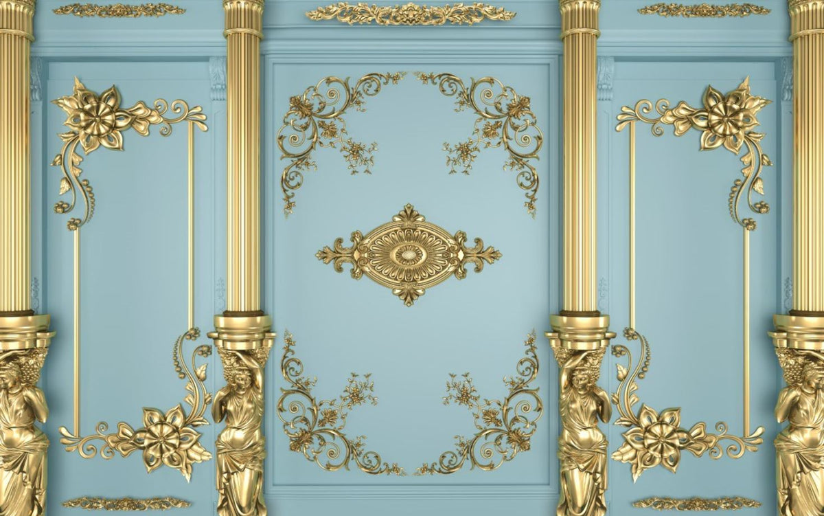 Gold Ornament Panel Wallpaper : Baroque Molding Pale Blue Mural - View 2