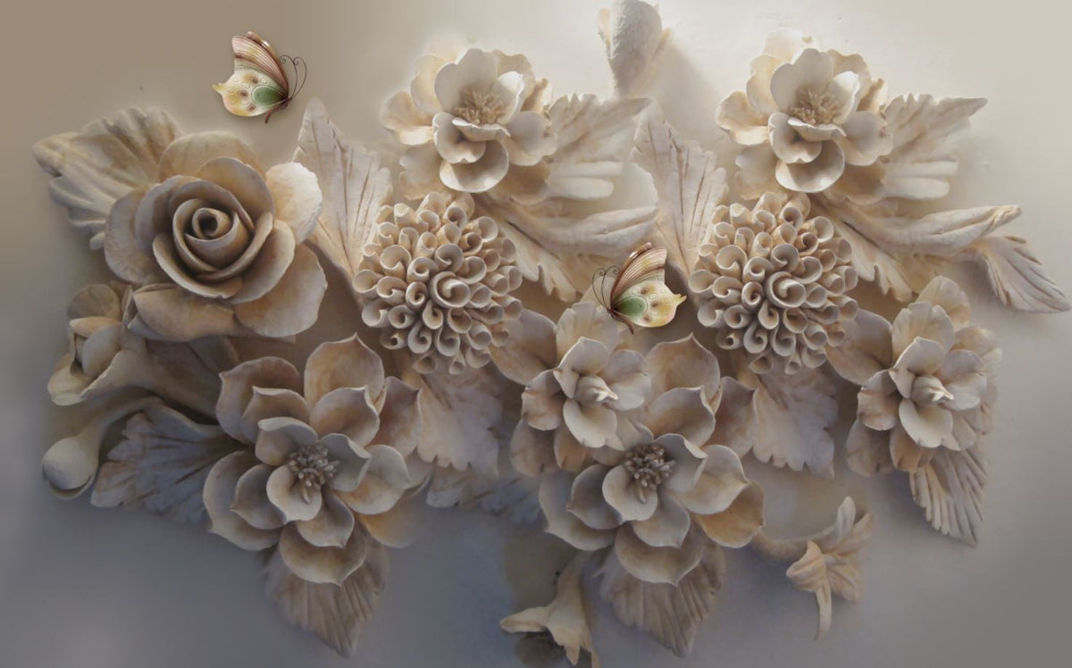 3D Flower Wallpaper : Beige Sculpted Roses Mural - View 2