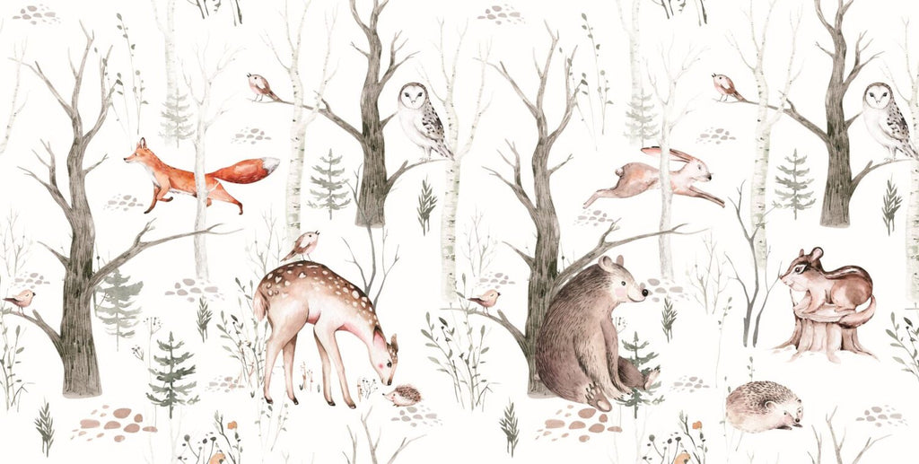 Woodland Animals Wallpaper : Soft Birch Forest Nursery Mural - View 2