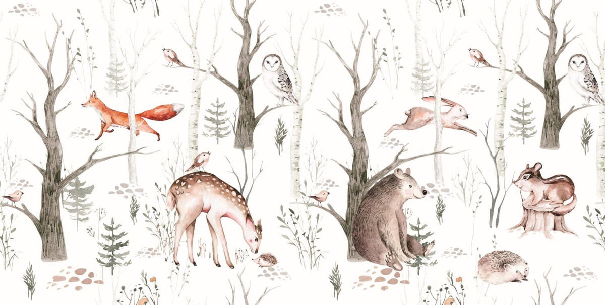 Woodland Animals Wallpaper : Soft Birch Forest Nursery Mural - View 2
