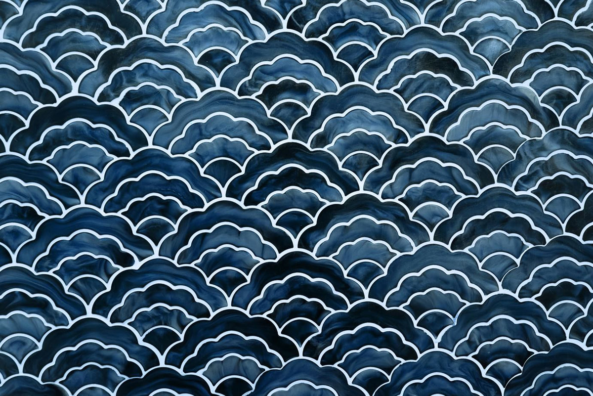 Navy Scallop Wallpaper : Watercolor Japanese Wave Pattern - View 2