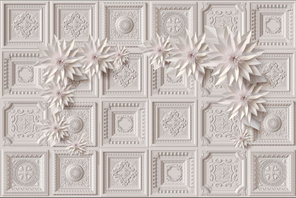 Ornate Panel Wallpaper : 3D White Plaster Ceiling Tiles Mural - View 2