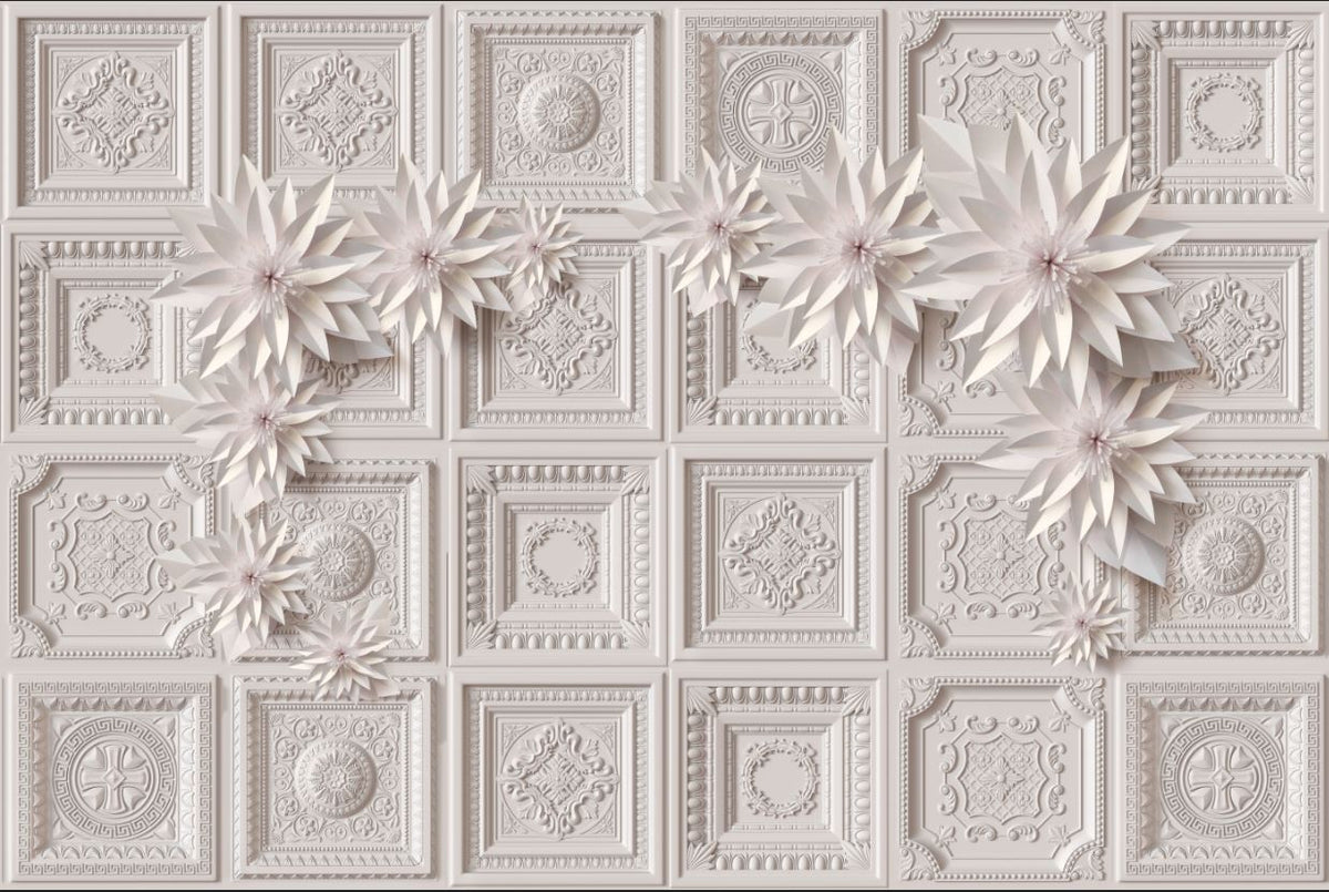 Ornate Panel Wallpaper : 3D White Plaster Ceiling Tiles Mural - View 2