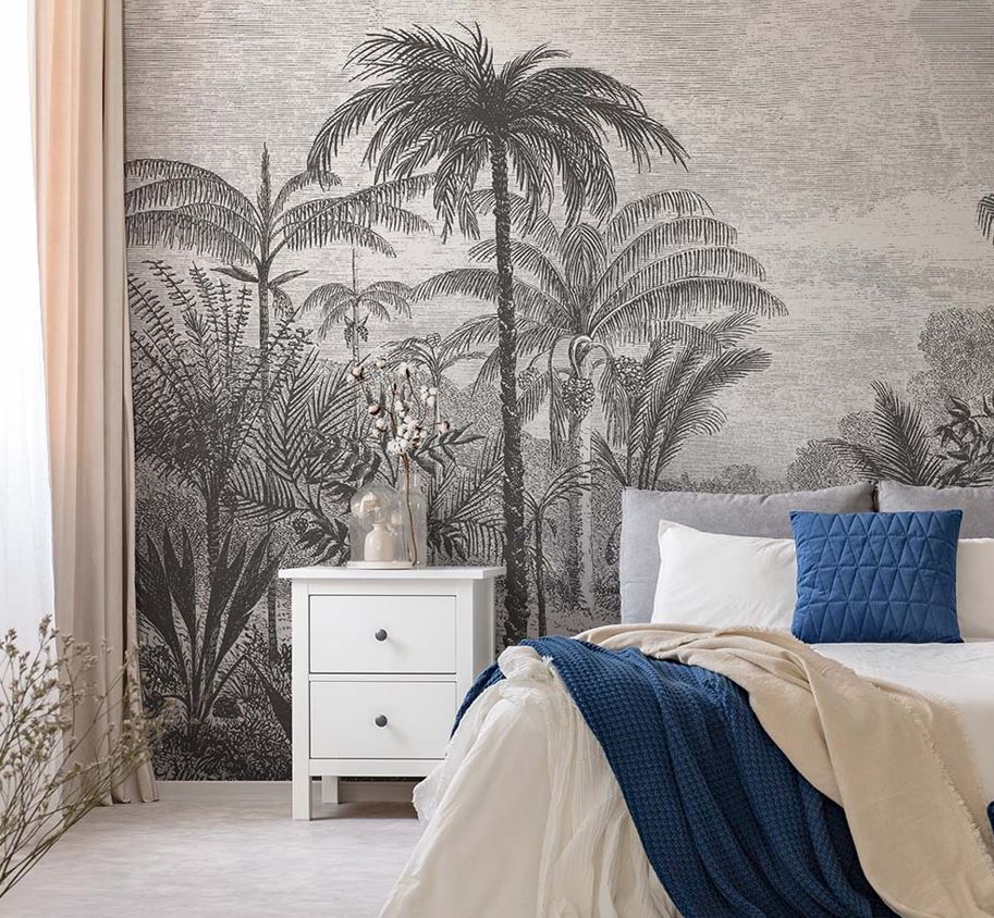 Black and White Jungle Wallpaper : Palm Tree Etching Mural