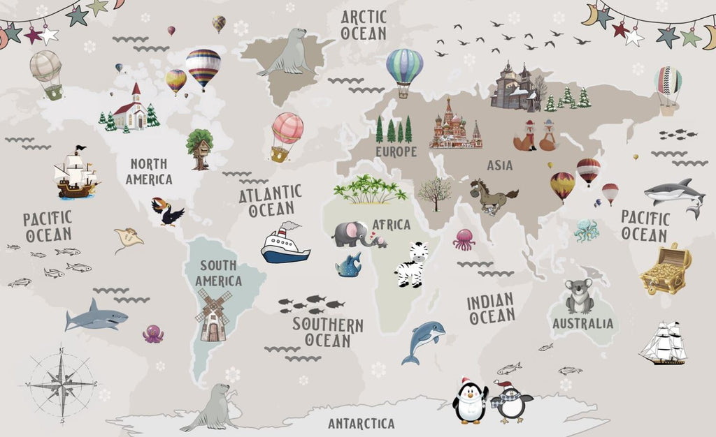 Kids World Map Wallpaper : Animals and Landmarks Mural - View 2