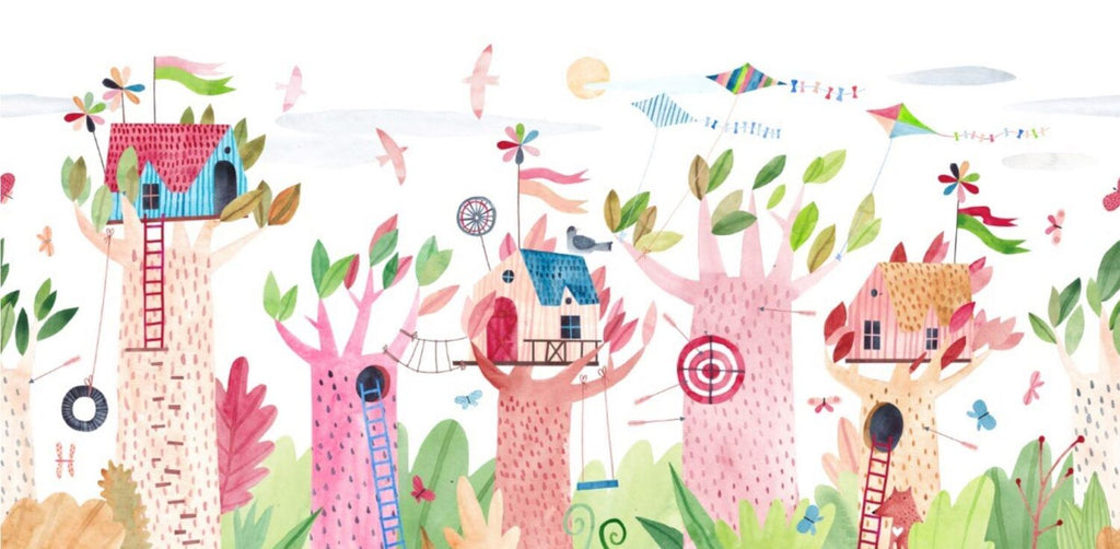 Treehouse Wallpaper : Colorful Kids Village Mural - View 2