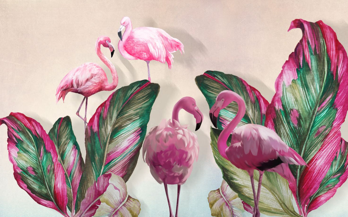 Pink Flamingo Wallpaper : Tropical Leaves Mural - View 2