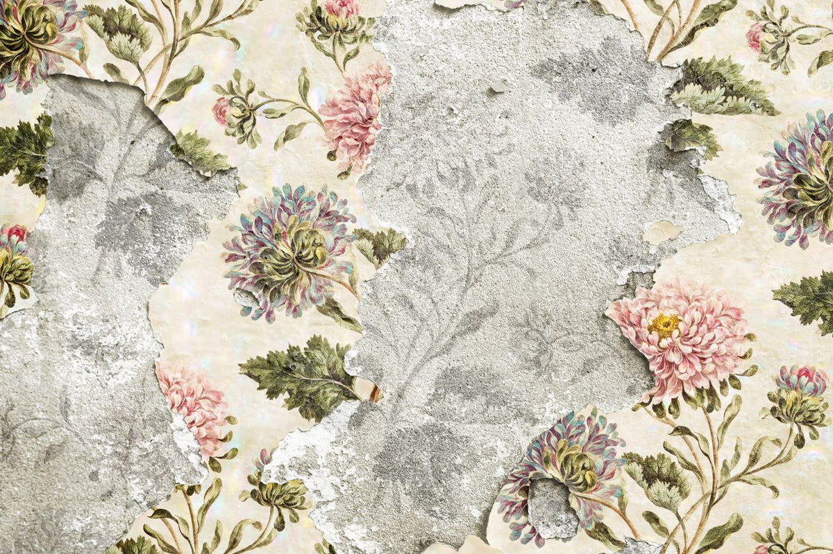 Peeling Wall Floral Wallpaper : Soft Vintage Flowers Mural - View 2
