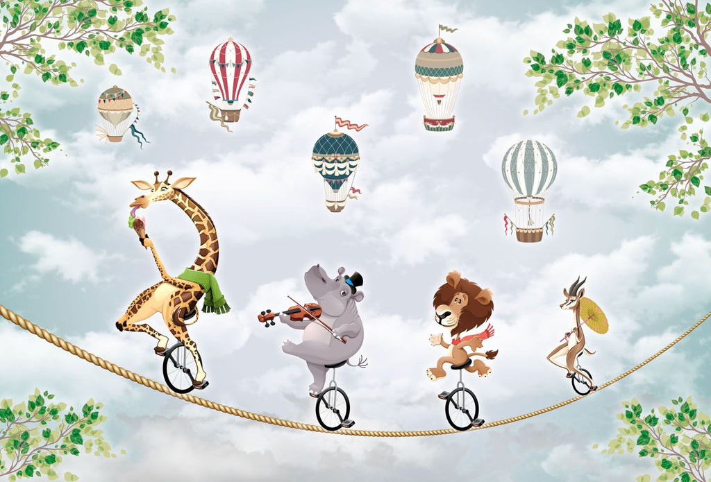 Circus Animals Wallpaper : Tightrope Musicians and Balloons Mural - View 2