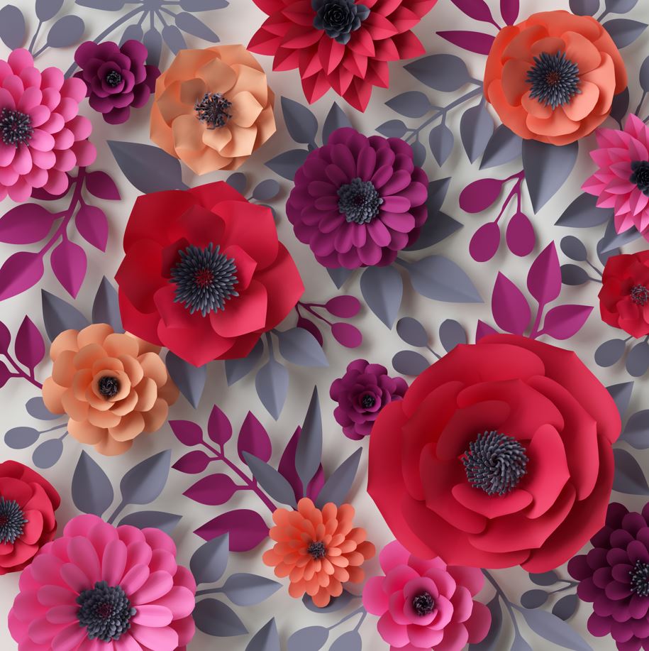 Paper Flower Wallpaper : 3D Red and Magenta Blooms Mural - View 2