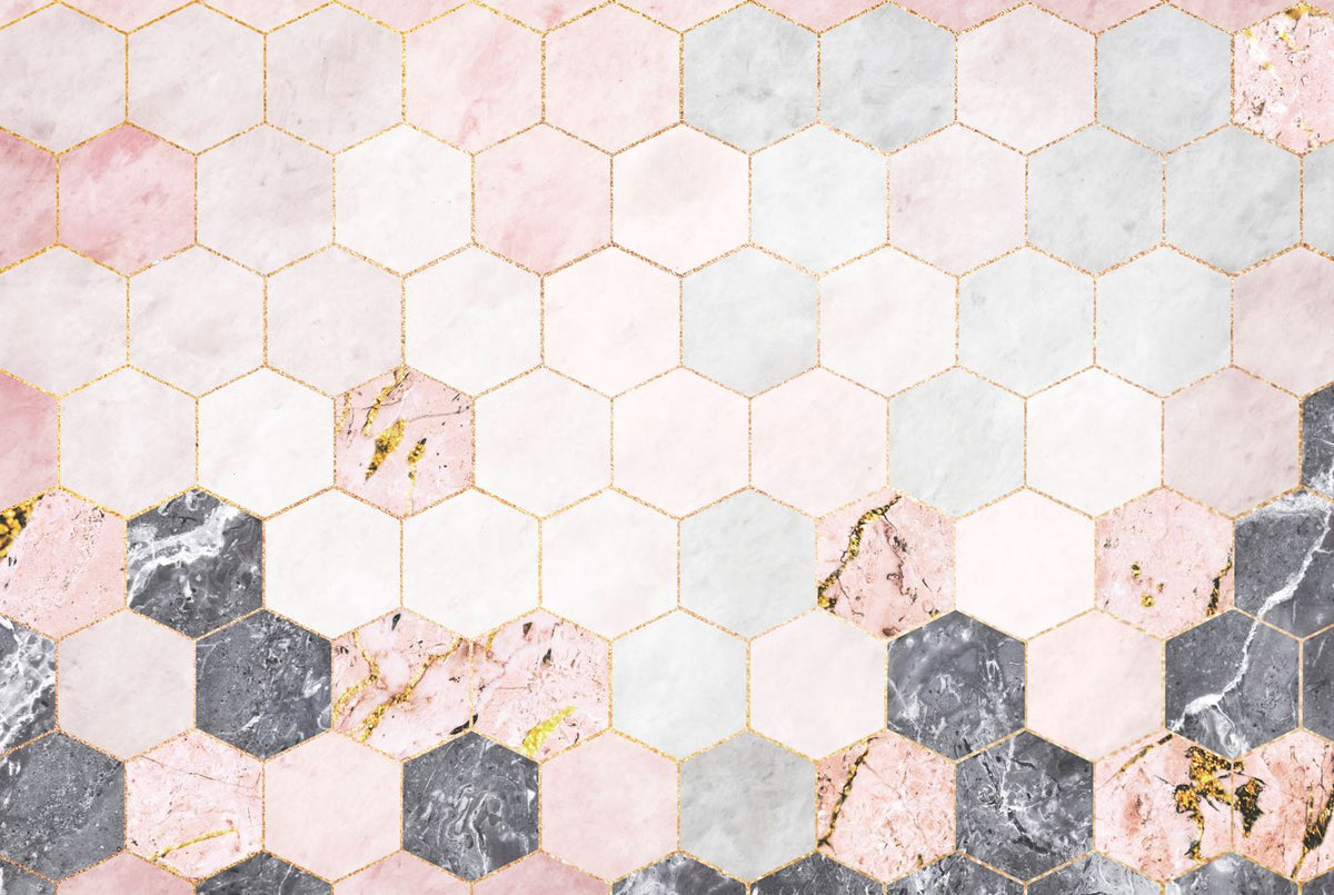 Pink Hexagon Marble Wallpaper : Gold Geometric Tile Pattern - View 2