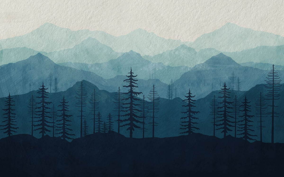 Blue Mountain Forest Wallpaper : Watercolor Pine Silhouette Mural - View 2