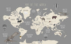 Grey Animal World Map Wallpaper : Kids Wildlife Atlas Mural - View 2