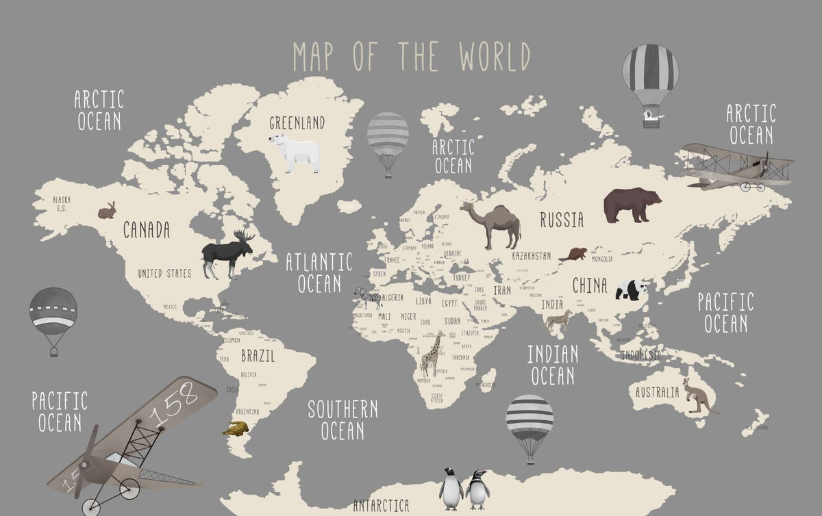 Grey Animal World Map Wallpaper : Kids Wildlife Atlas Mural - View 2