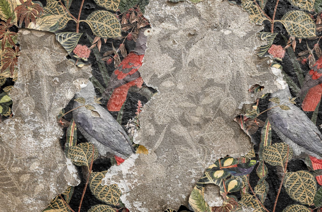 Torn Wall Wallpaper : Birds and Flowers Behind Plaster Mural - View 2