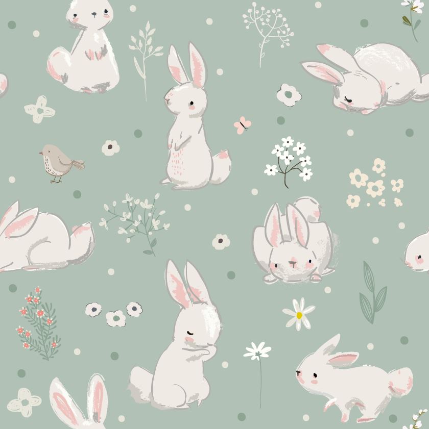 Bunny Wallpaper : Sage Green Rabbits and Birds Nursery Pattern - View 2