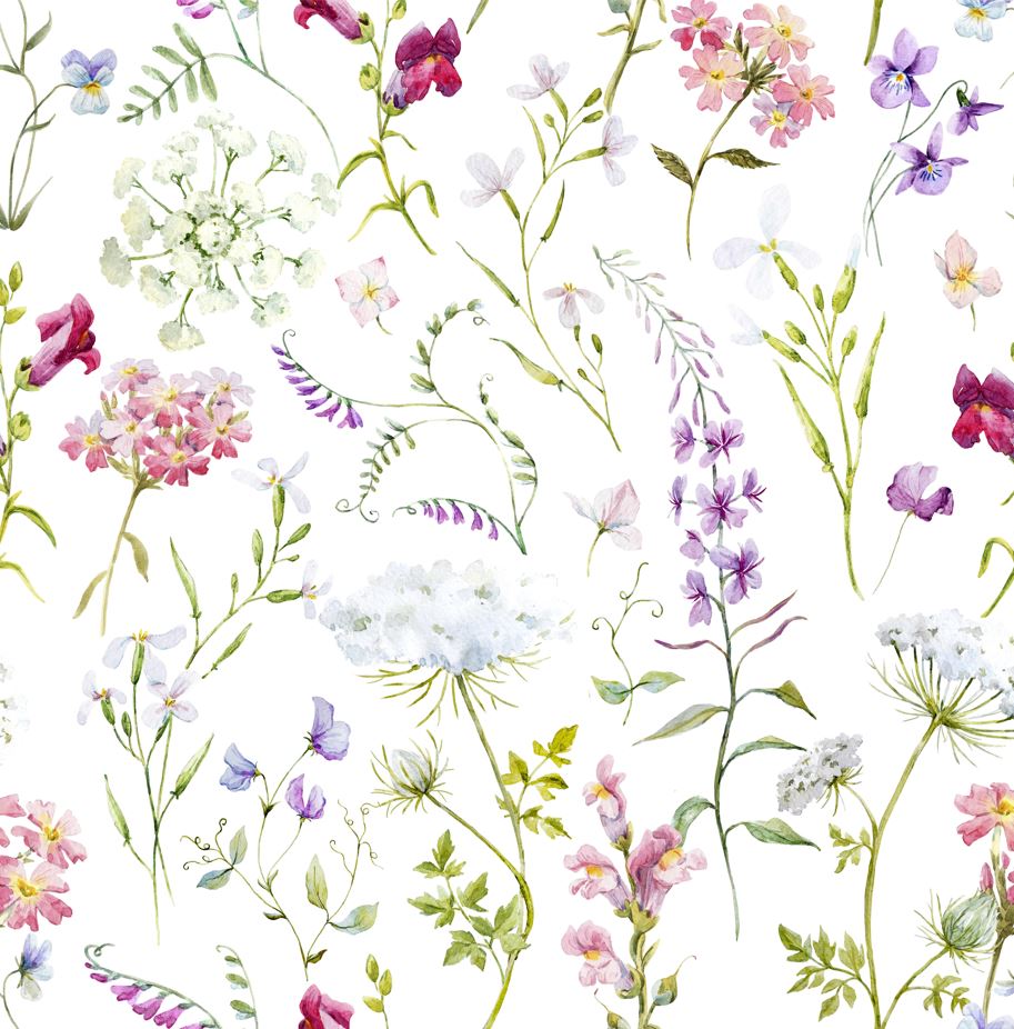 Meadow Floral Wallpaper : Soft Watercolor Wild Bloom Pattern - View 2