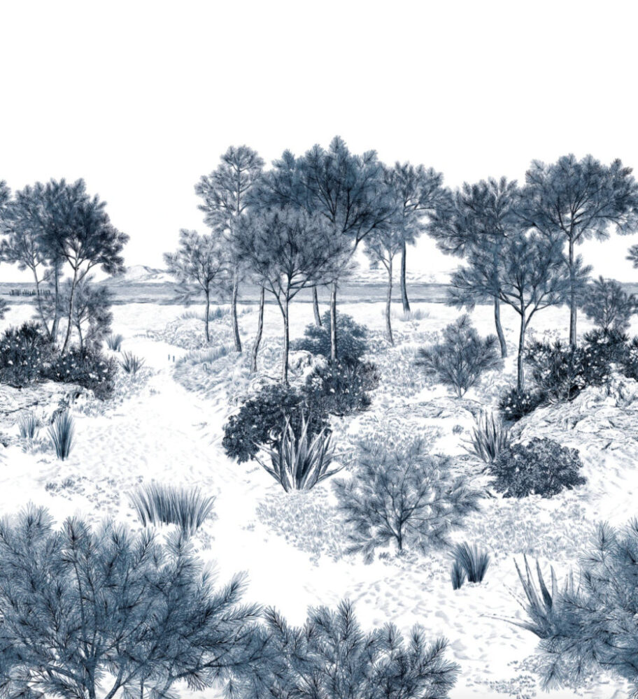 Blue Toile Landscape Wallpaper : Engraved Pine Forest Mural - View 2