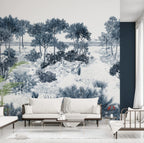 Blue Toile Landscape Wallpaper : Engraved Pine Forest Mural - View 3