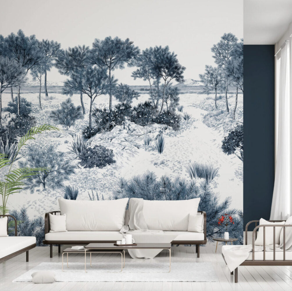 Blue Toile Landscape Wallpaper : Engraved Pine Forest Mural - View 3