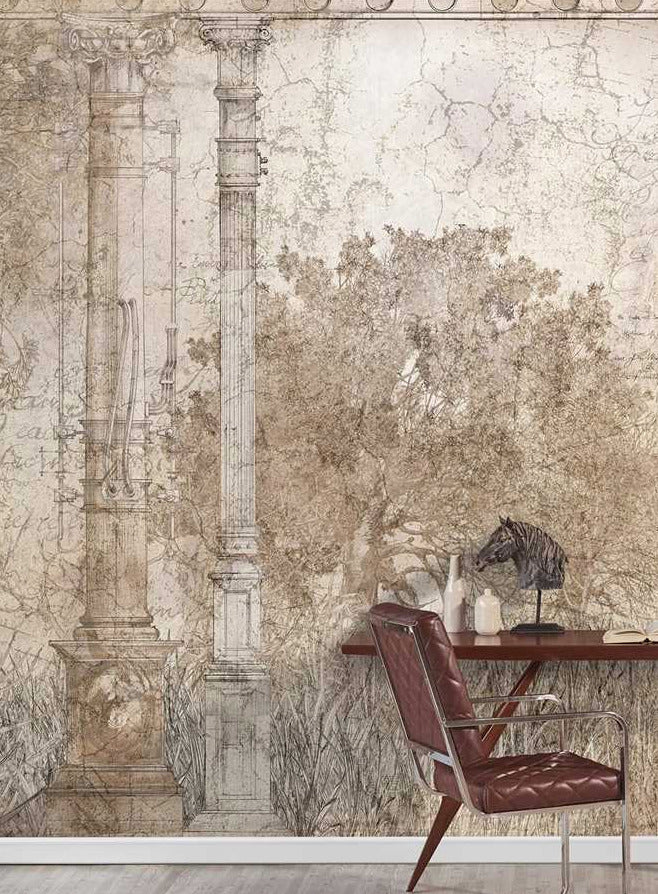 Antique Palace Wallpaper : Beige Ruined Columns Botanical Mural