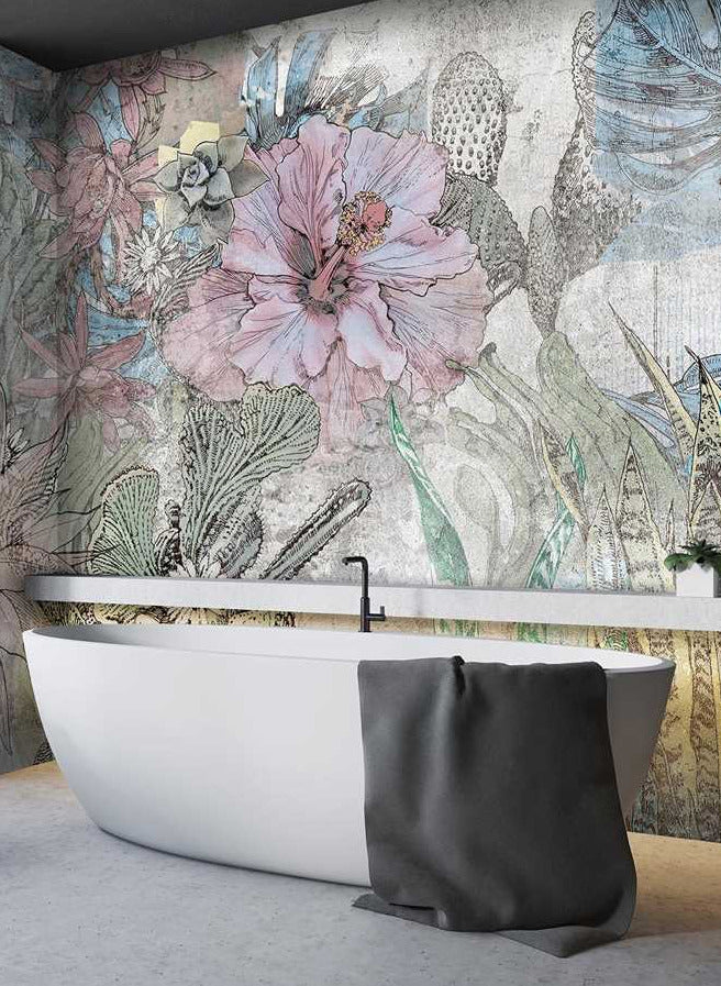 Sketched Rose Wallpaper : Pastel Line Art Floral Mural
