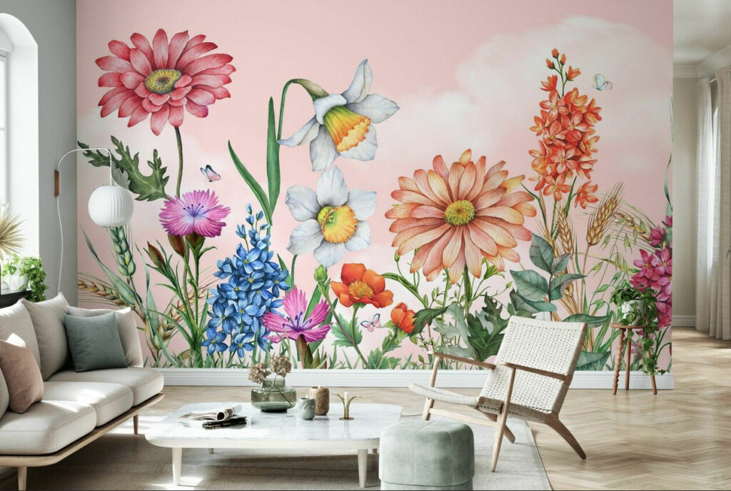 Wildflower Meadow Wallpaper : Daisies and Daffodils Botanical Mural - View 3