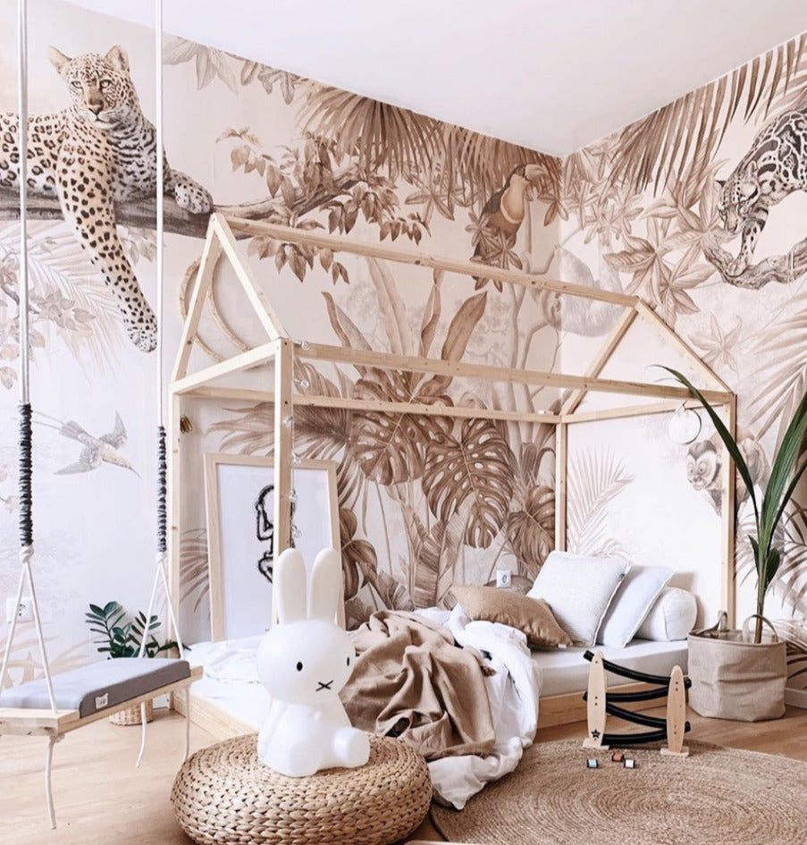 Sepia Jungle Wallpaper : Leopards and Monkeys Tropical Mural